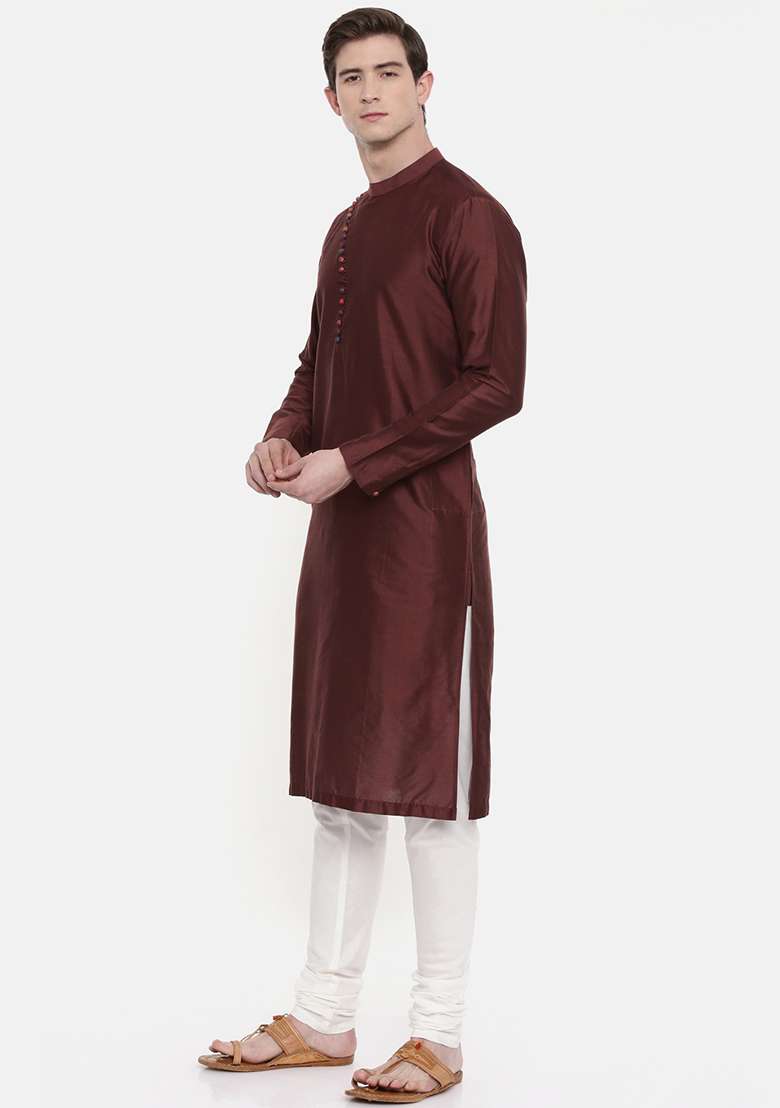 Brown Silk Blend Kurta Set For Men - Indya