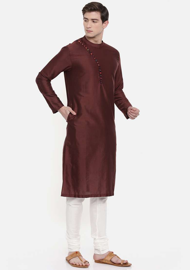 Brown Silk Blend Kurta Set For Men - Indya