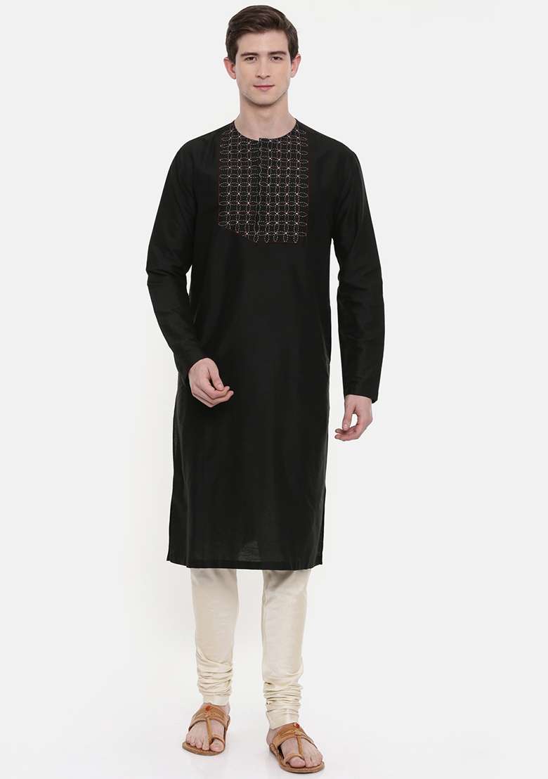 Black Embroidered Yoke Silk Blend Kurta Set For Men - Indya