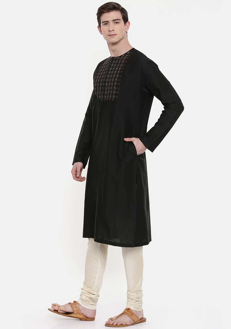 Black Embroidered Yoke Silk Blend Kurta Set For Men - Indya