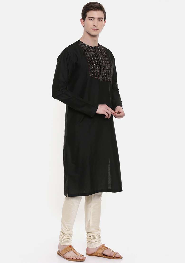 Black Embroidered Yoke Silk Blend Kurta Set For Men - Indya