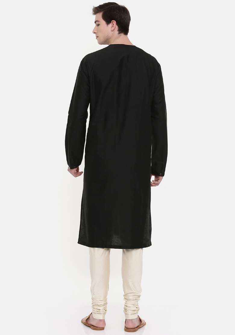 Black Embroidered Yoke Silk Blend Kurta Set For Men - Indya