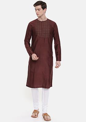 Brown Embroidered Yoke Silk Kurta Set For Men