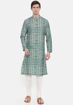 Blue Printed Chanderi Kurta Set For Men