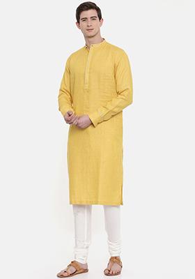 Yellow Linen Kurta Set For Men