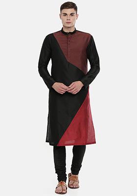 Black And Brown Colourblocked Kurta Set For Men