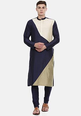Blue And Beige Colourblocked Kurta Set For Men