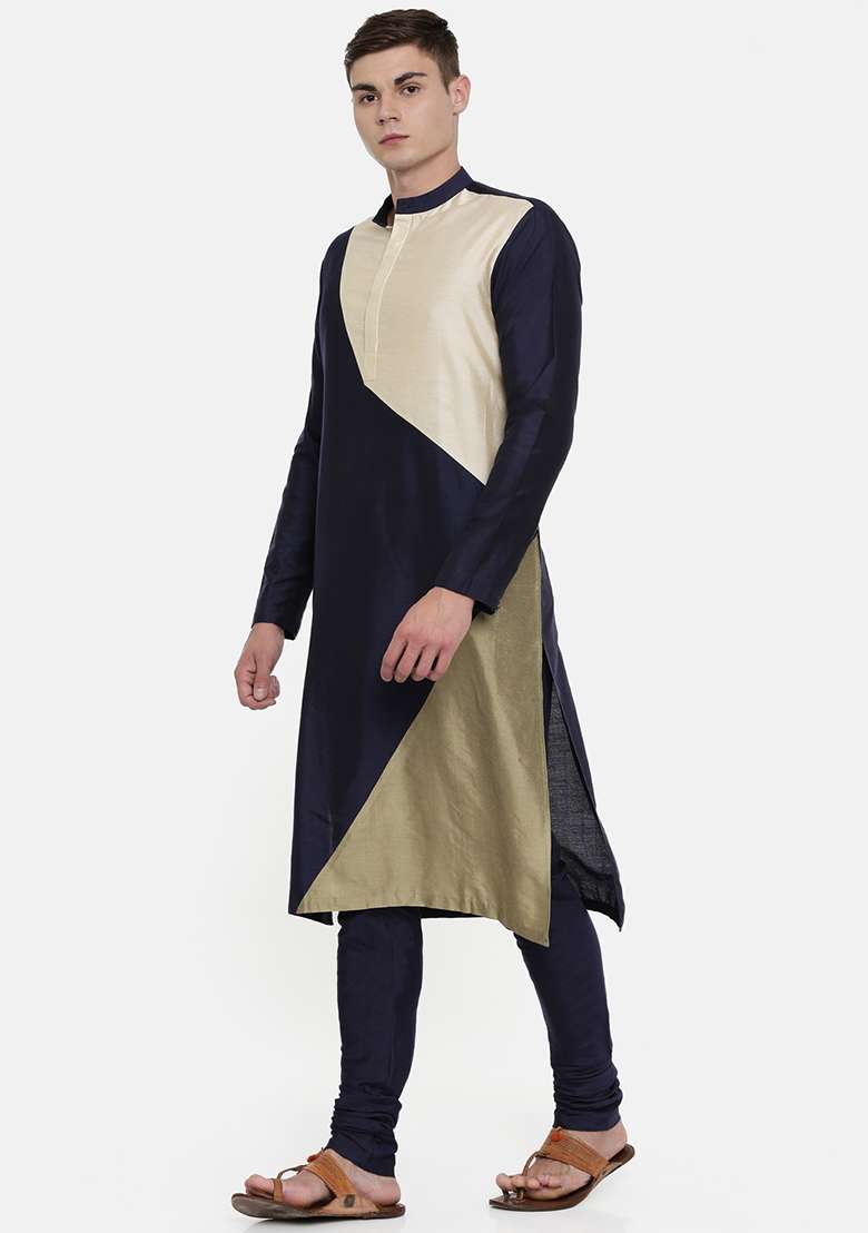 Blue And Beige Colourblocked Kurta Set For Men - Indya