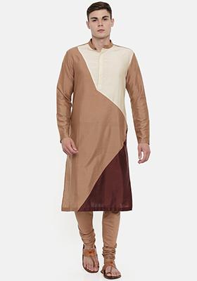 Brown And Beige Colourblocked Kurta Set For Men