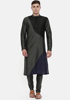 Charcoal Grey And Black Colourblocked Kurta Set For Men