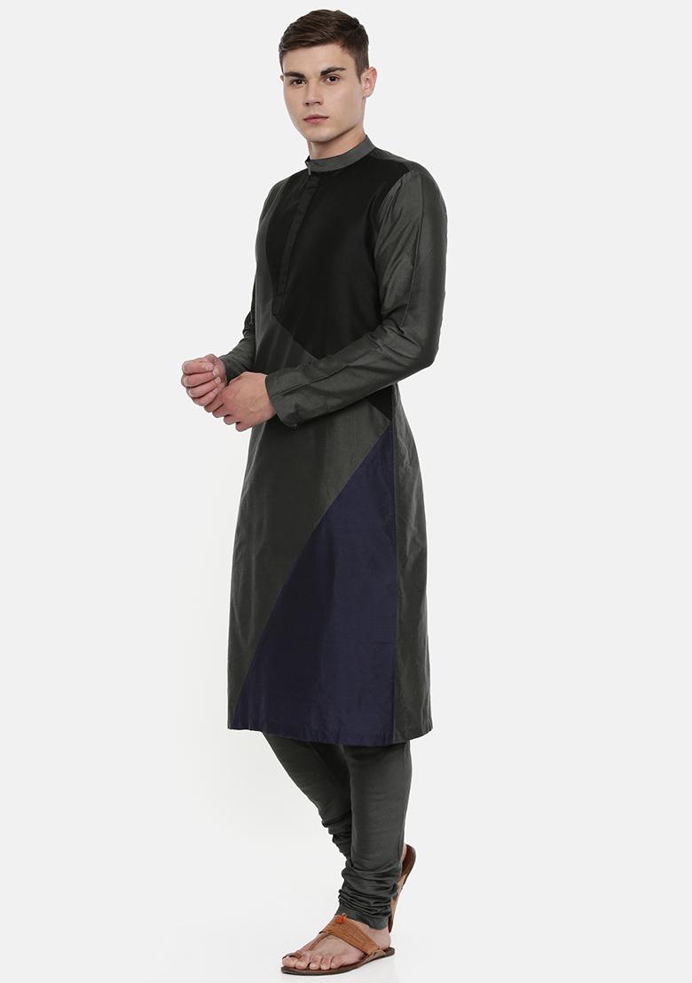 Charcoal Grey And Black Colourblocked Kurta Set For Men