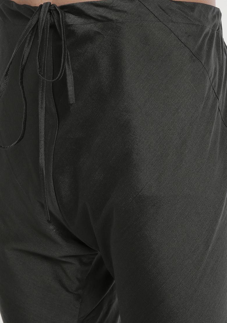 Charcoal Grey And Black Colourblocked Kurta Set For Men