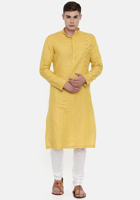 Yellow Zari Embroidered Linen Kurta Set For Men