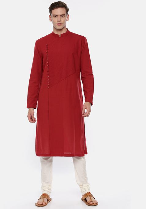 Red Asymmetric Cotton Kurta Set For Men