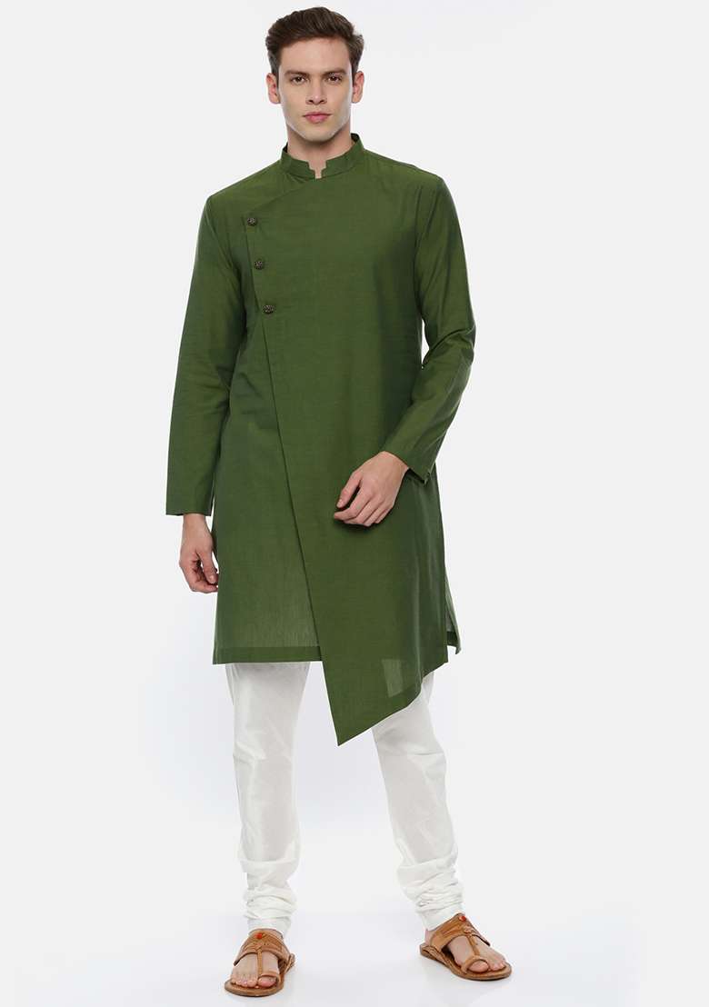 Green Asymmetric Cotton Kurta Set For Men - Indya