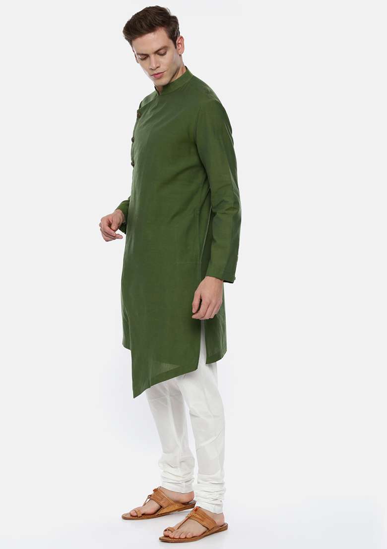 Green Asymmetric Cotton Kurta Set For Men - Indya