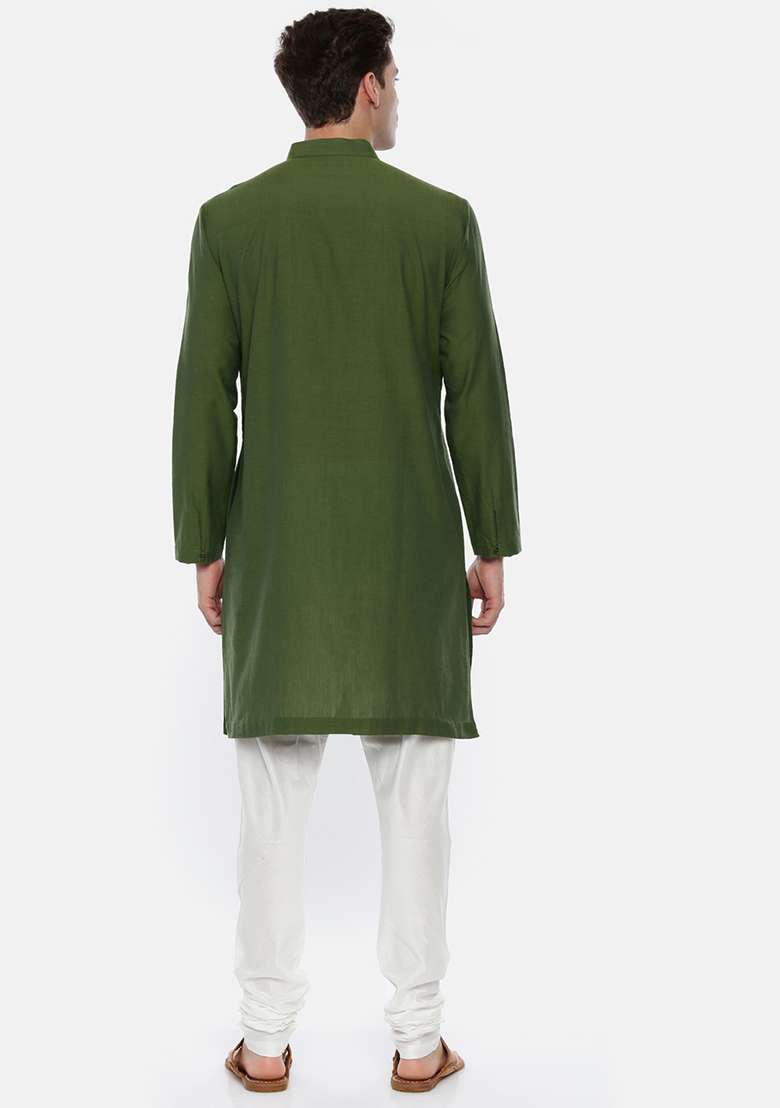 Green Asymmetric Cotton Kurta Set For Men - Indya