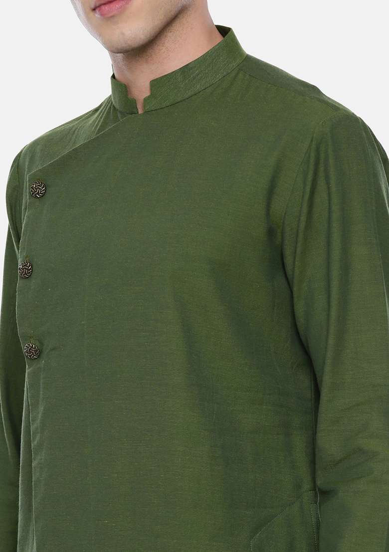 Green Asymmetric Cotton Kurta Set For Men - Indya