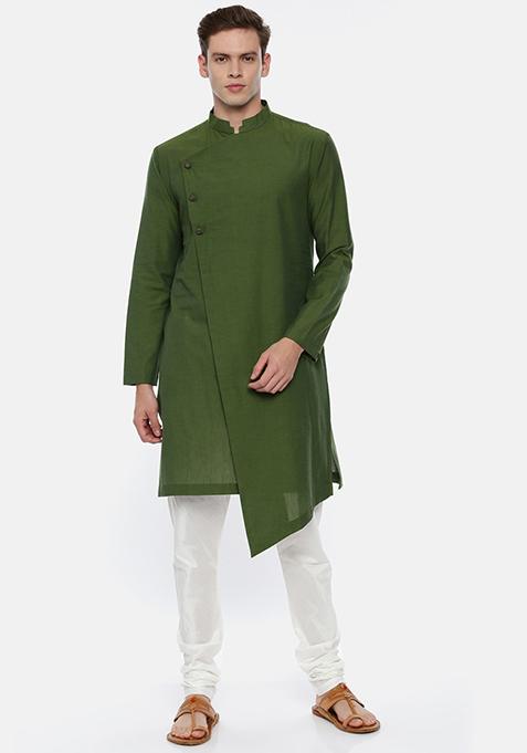 Green Asymmetric Cotton Kurta Set For Men