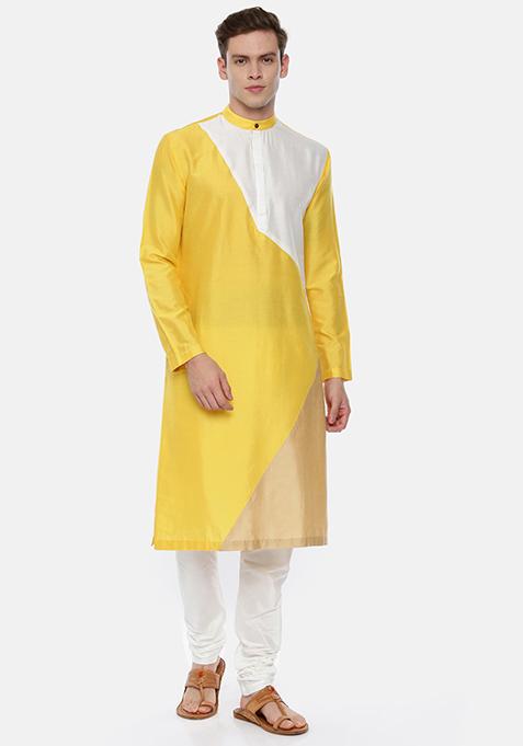 Yellow Colourblocked Kurta Set For Men