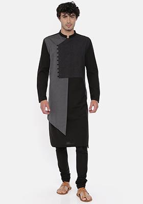 Black And Grey Asymmetric Kurta Set For Men