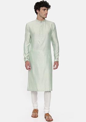 Pista Green Jacquard Silk Kurta Set For Men