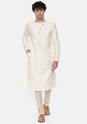 Cream Jacquard Cotton Kurta Set For Men