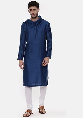 Blue Cowl Neck Linen Silk Kurta Set For Men