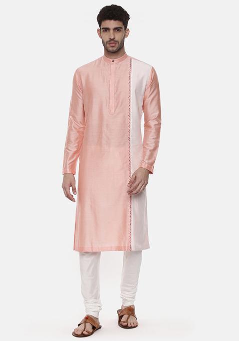 Pink And Ivory Embroidered Kurta Set For Men