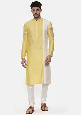 Yellow And Ivory Embroidered Kurta Set For Men