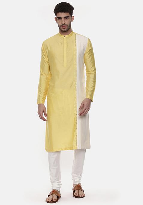 Yellow And Ivory Embroidered Kurta Set For Men