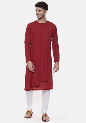 Red Malai Cotton Kurta Set For Men