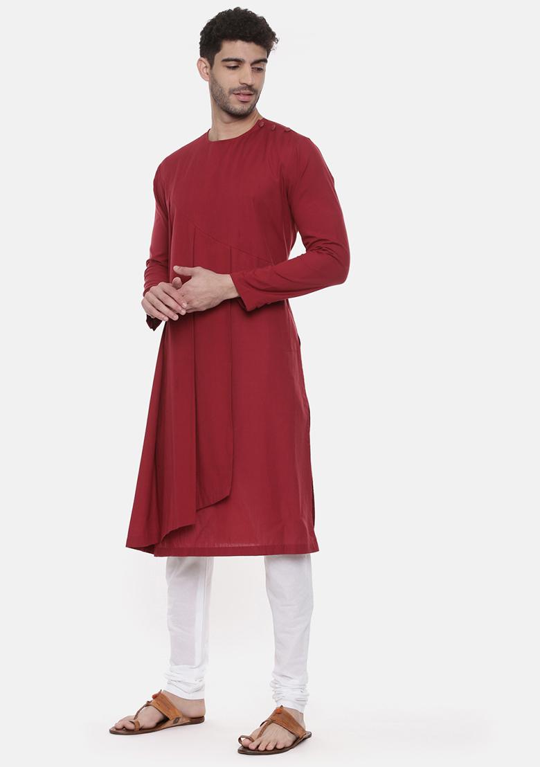 Red Malai Cotton Kurta Set For Men