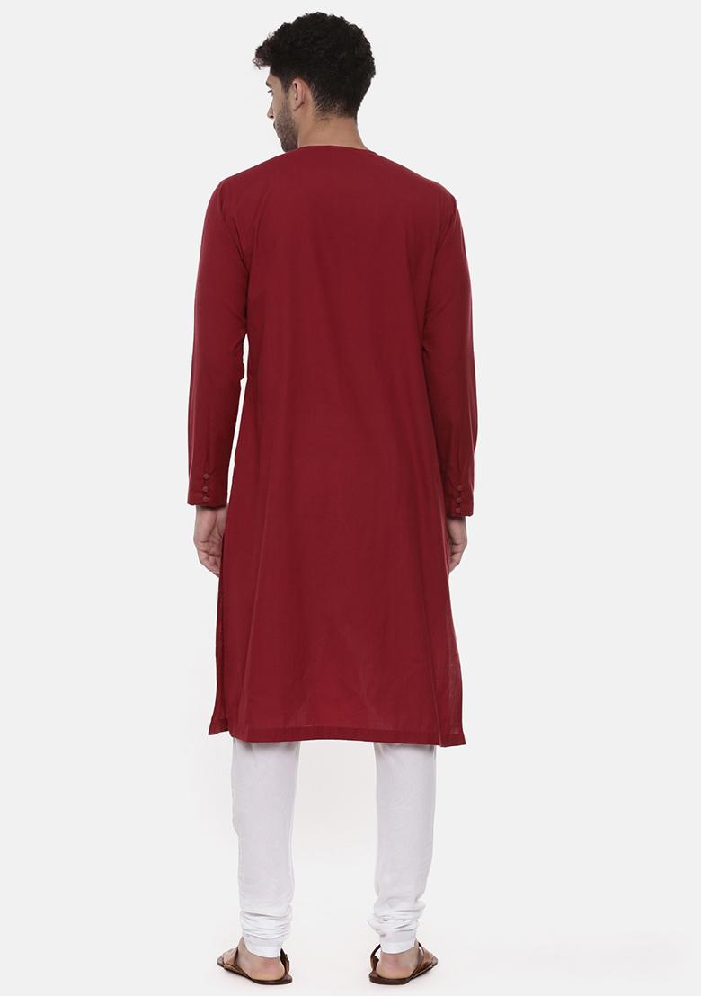 Red Malai Cotton Kurta Set For Men