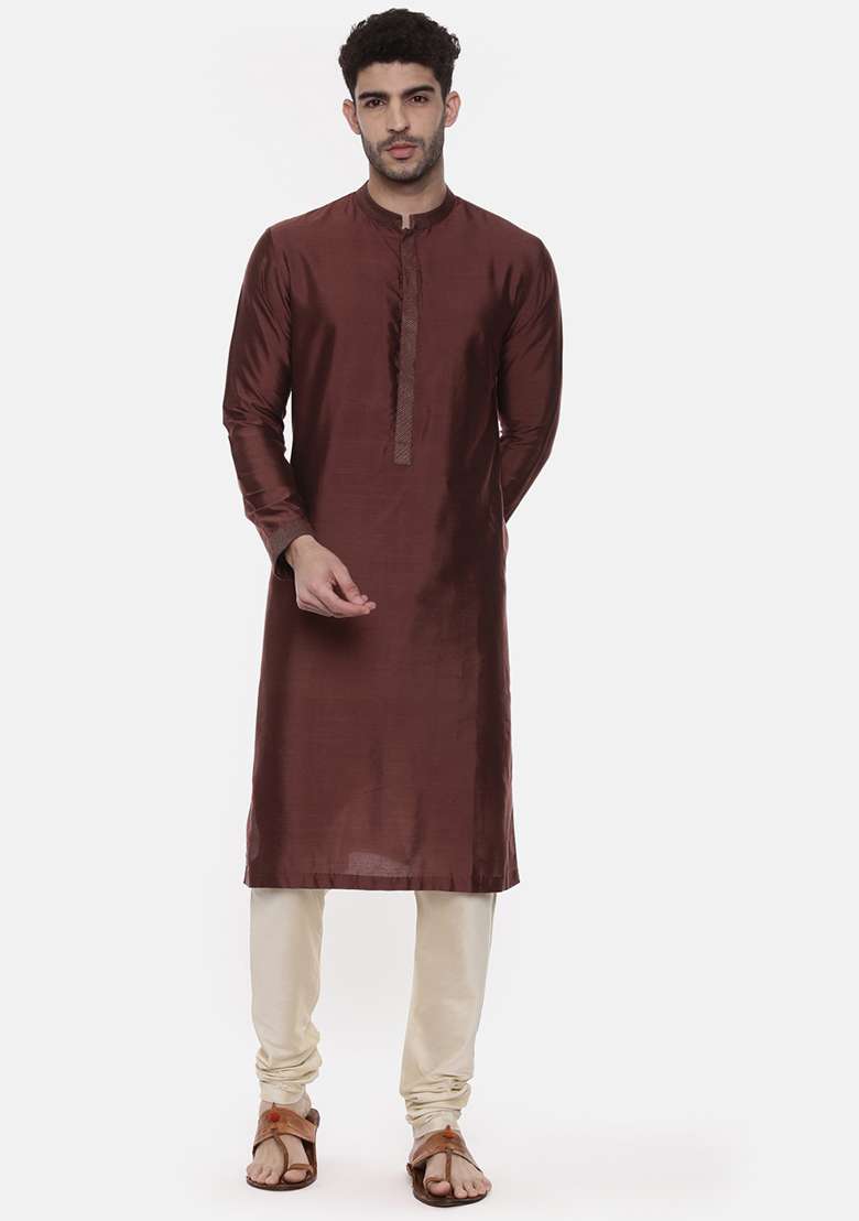 Brown Classic Silk Blend Kurta Set For Men - Indya
