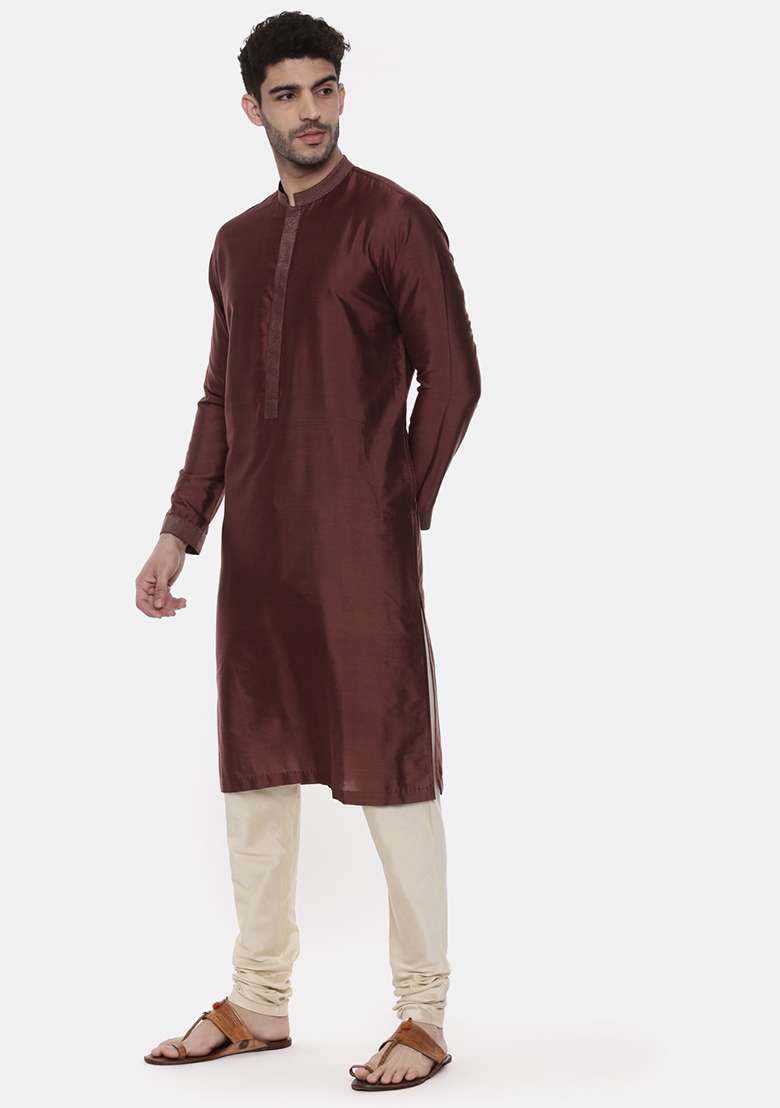 Brown Classic Silk Blend Kurta Set For Men - Indya