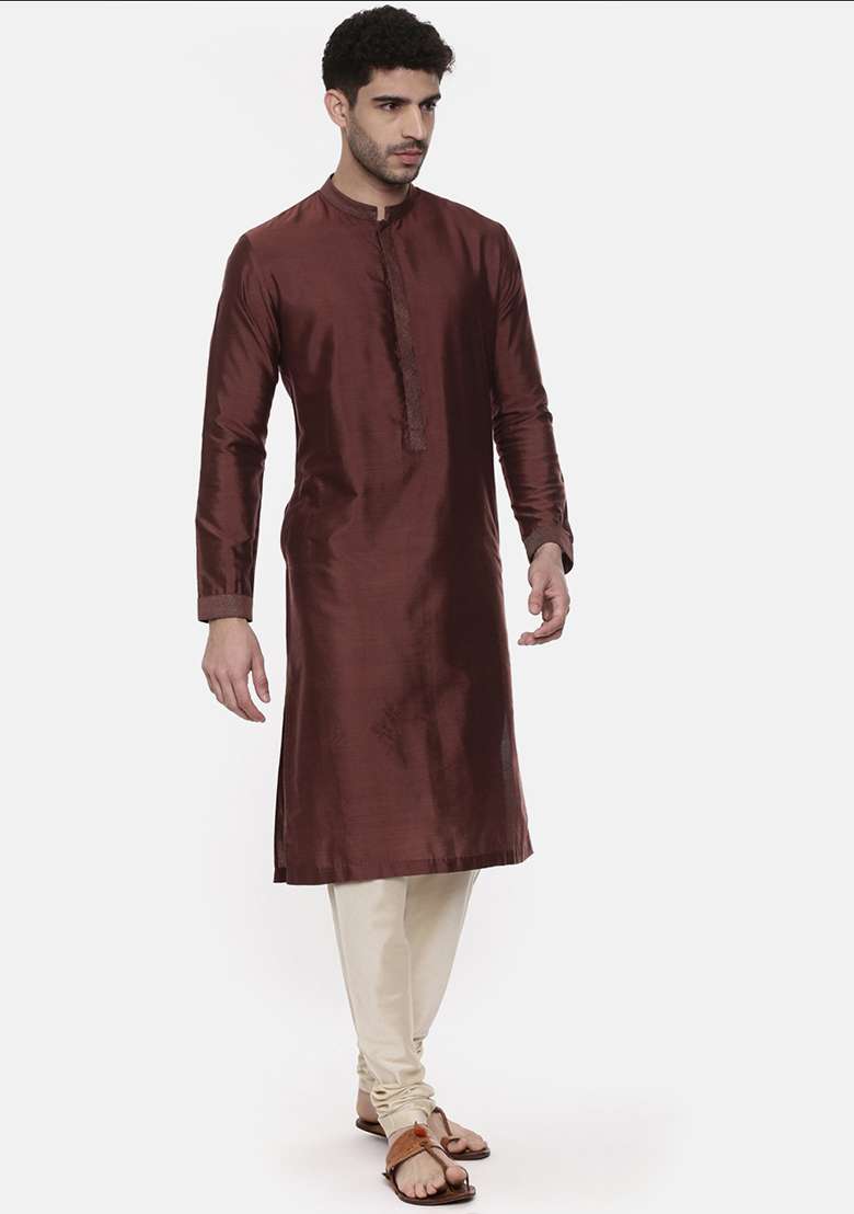 Brown Classic Silk Blend Kurta Set For Men - Indya