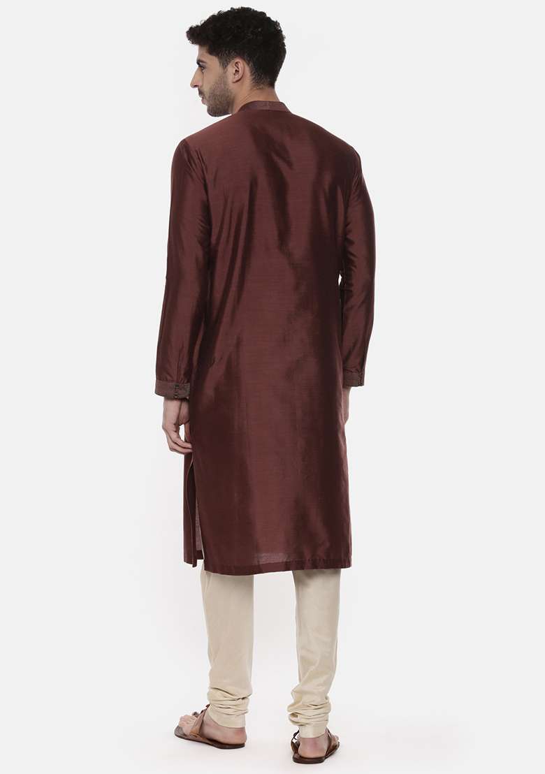 Brown Classic Silk Blend Kurta Set For Men - Indya