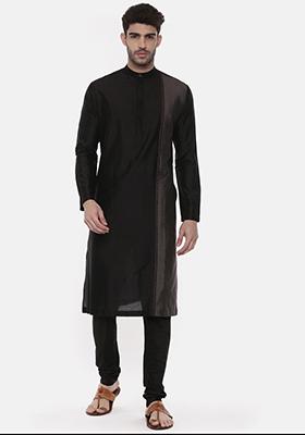 Black And Grey Embroidered Silk Kurta Set For Men