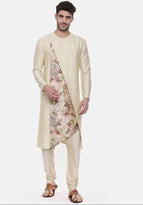 Beige Printed Asymmetric Silk Kurta Set For Men