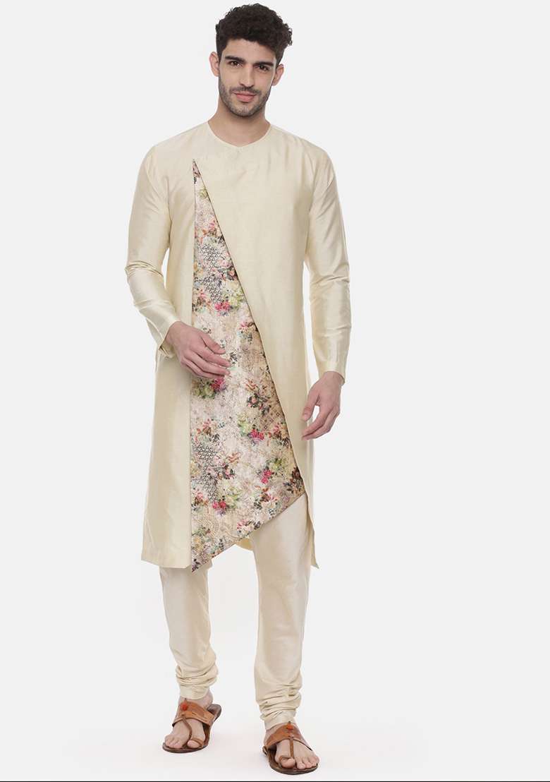 Beige Printed Asymmetric Silk Blend Kurta Set For Men - Indya