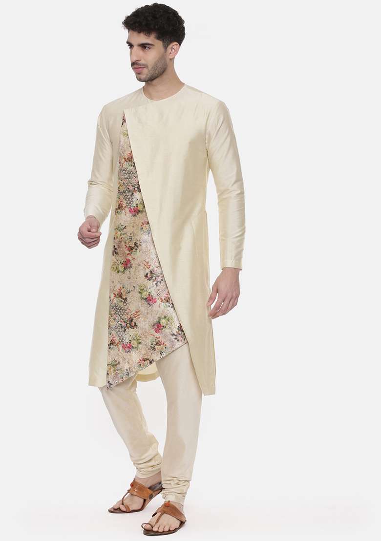 Beige Printed Asymmetric Silk Blend Kurta Set For Men - Indya