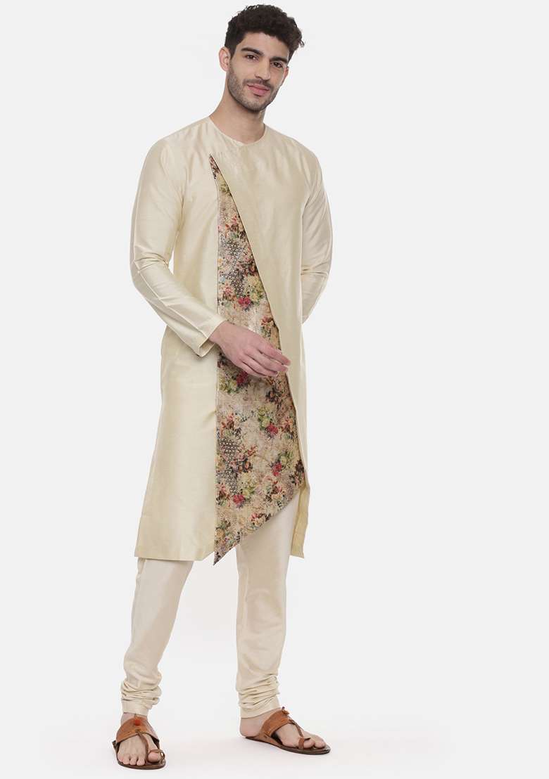 Beige Printed Asymmetric Silk Blend Kurta Set For Men - Indya