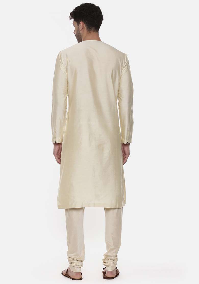 Beige Printed Asymmetric Silk Blend Kurta Set For Men - Indya