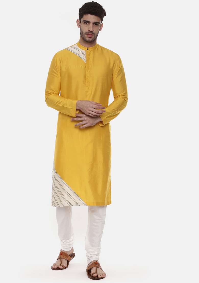 Yellow And Ivory Silk Blend Kurta Set For Men - Indya