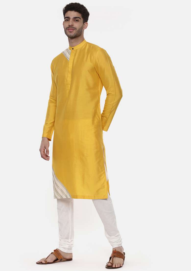 Yellow And Ivory Silk Blend Kurta Set For Men - Indya