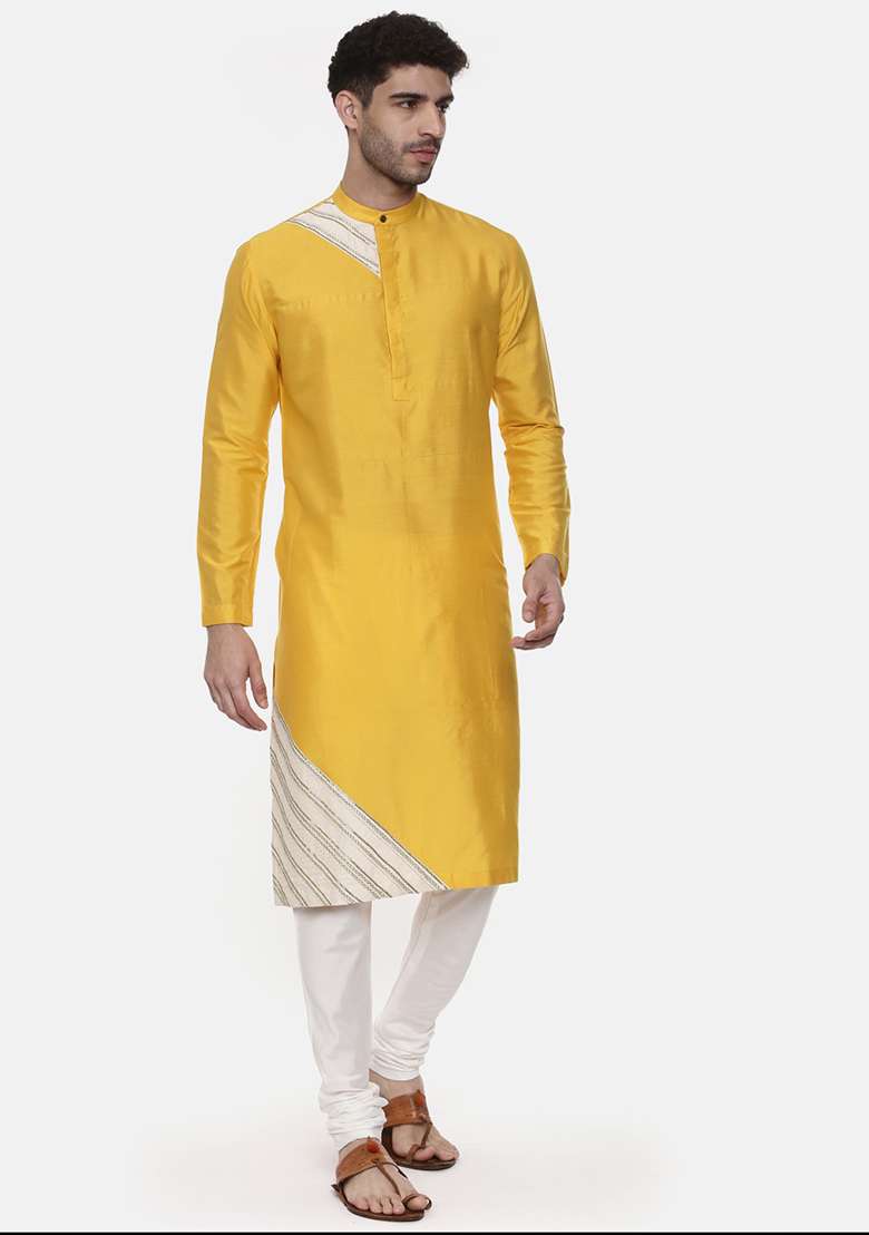 Yellow And Ivory Silk Blend Kurta Set For Men - Indya