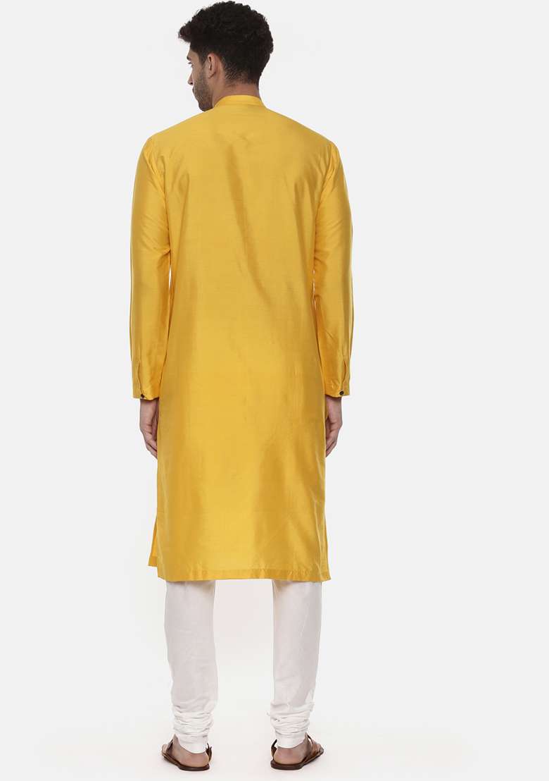 Yellow And Ivory Silk Blend Kurta Set For Men - Indya