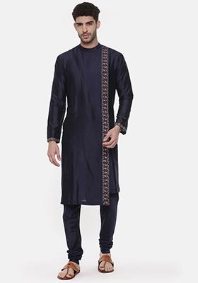 Navy Blue Hand Embroidered Silk Kurta Set For Men