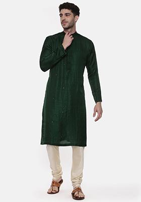 Bottle Green Mukaish Work Kurta Set For Men